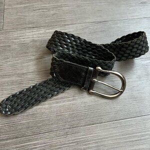 Michael Kors Genuine Leather Black Woven Silver Horseshoe Buckle Belt 2” Size XL